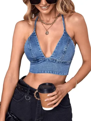 SweatyRocks Women's Backless Tie Back Halter Top Summer Party Sleeveless Denim Crop Tops