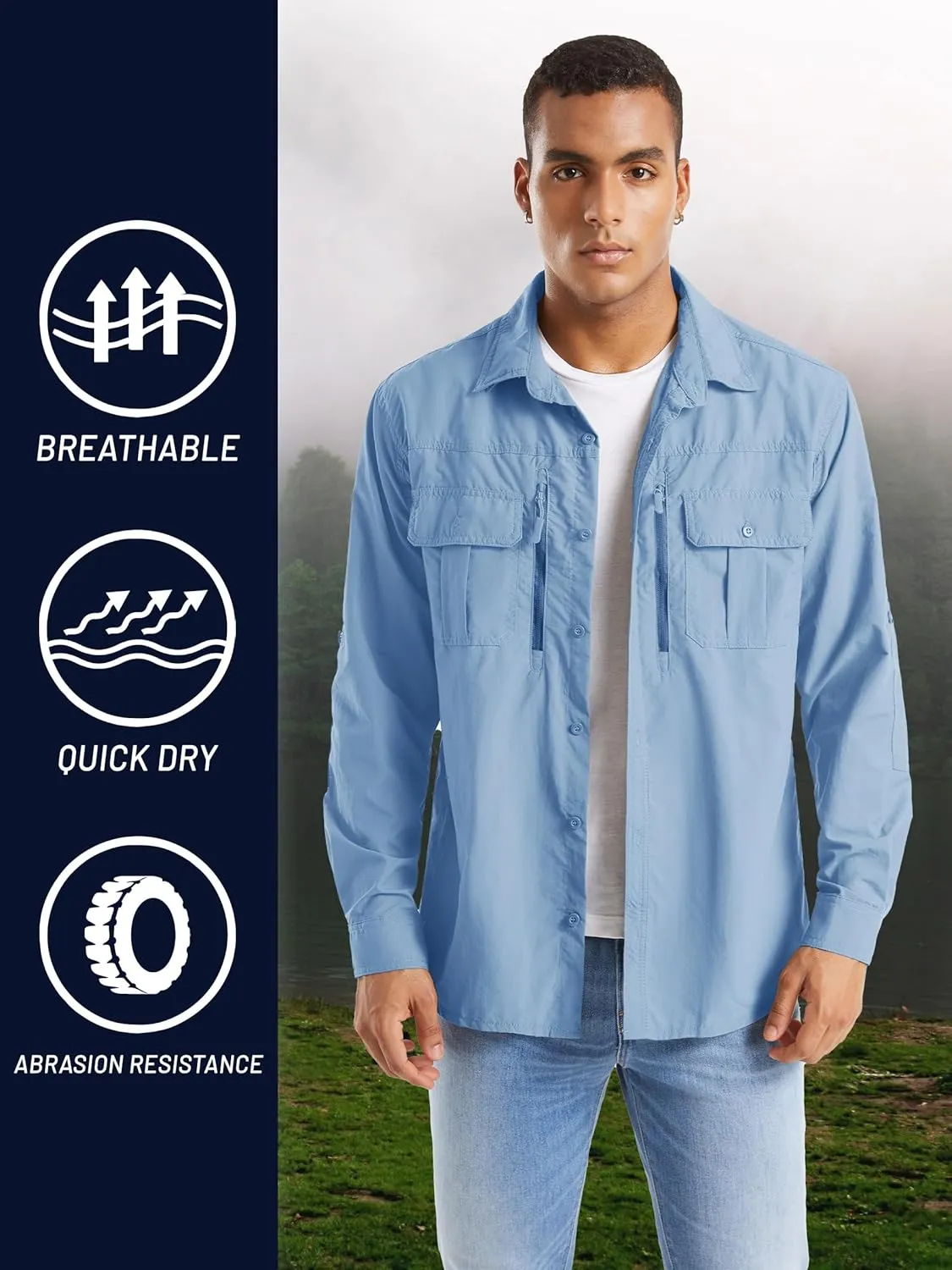 TACVASEN Fishing Shirt for Men, Long Sleeve Shirt Quick Dry Fit, Tactical Shirt Button Up, Work Shirt Lightweight Safari