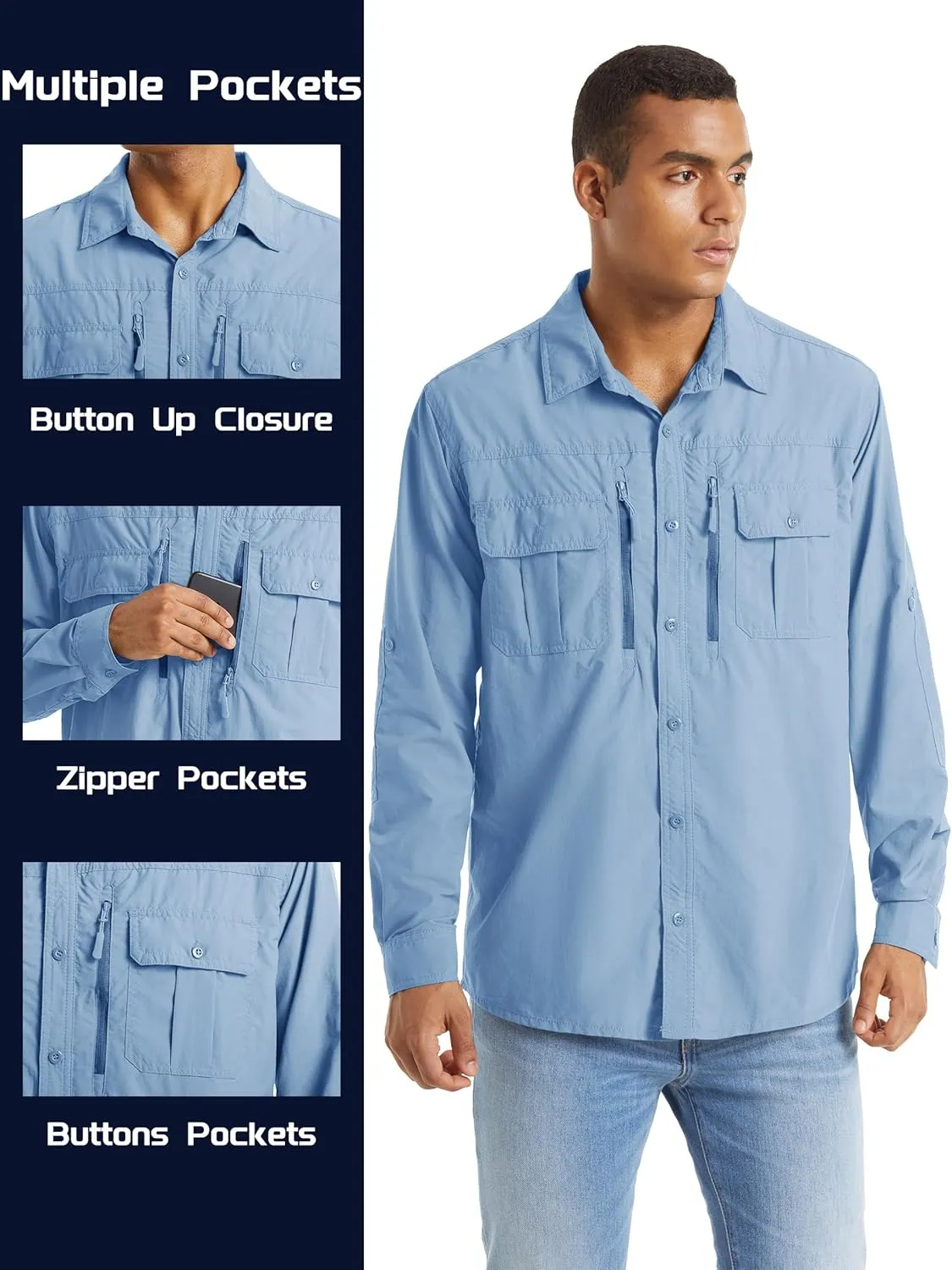 TACVASEN Fishing Shirt for Men, Long Sleeve Shirt Quick Dry Fit, Tactical Shirt Button Up, Work Shirt Lightweight Safari