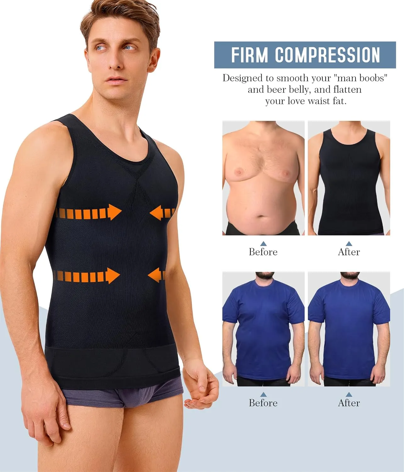 TAILONG 2 Pack Compression Shirt Men Body Shaper Slimming Shirt Tank Top Shapewear Tummy Control Vest