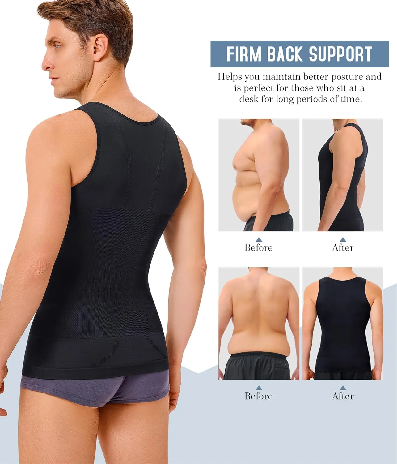 TAILONG 2 Pack Compression Shirt Men Body Shaper Slimming Shirt Tank Top Shapewear Tummy Control Vest