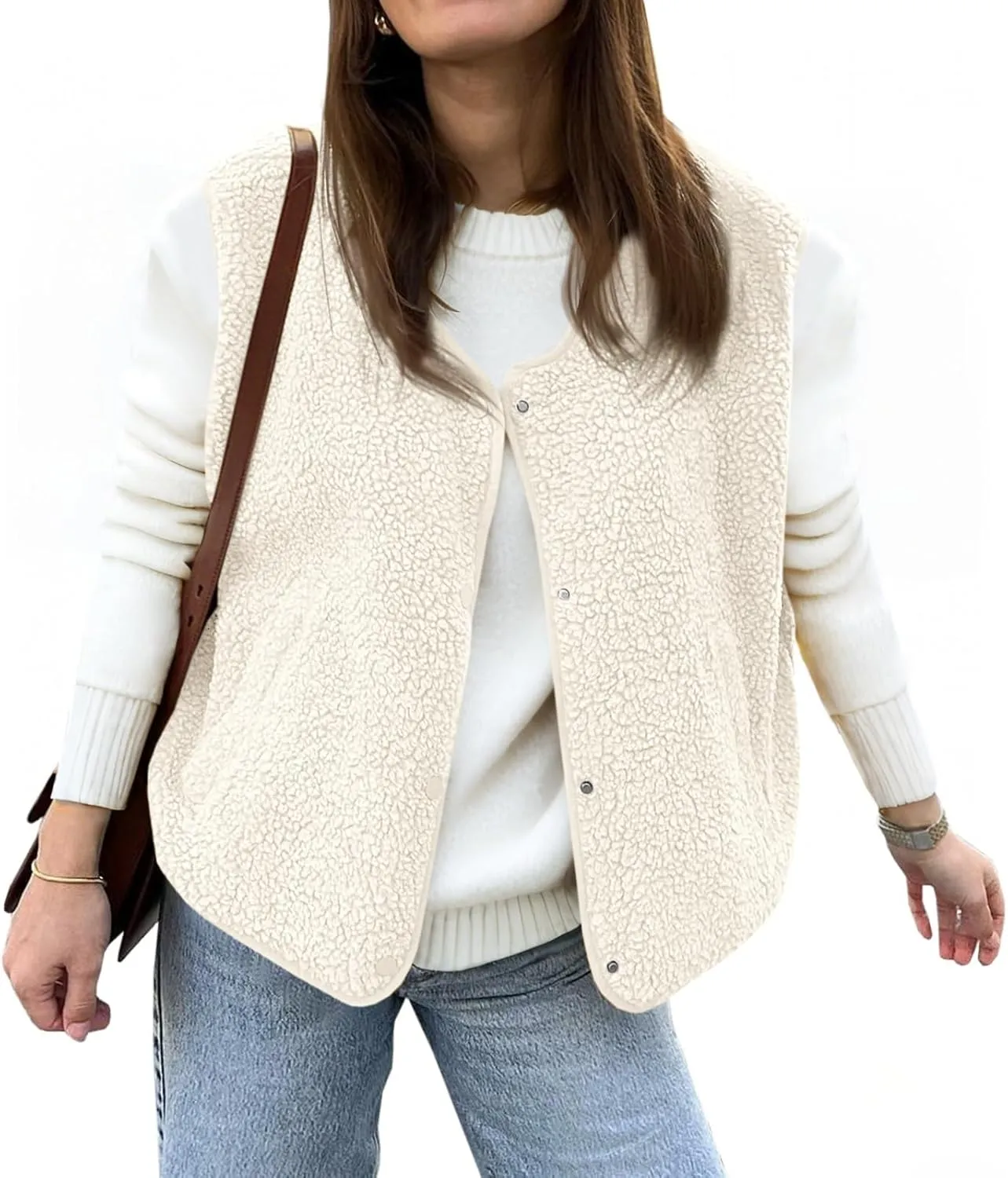 Tankaneo Womens Sherpa Fleece Vest V Neck Sleeveless Fuzzy Jacket Button Down 2024 Fall Fashion Outerwear