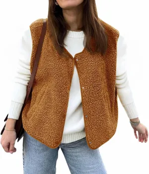 Tankaneo Womens Sherpa Fleece Vest V Neck Sleeveless Fuzzy Jacket Button Down 2024 Fall Fashion Outerwear