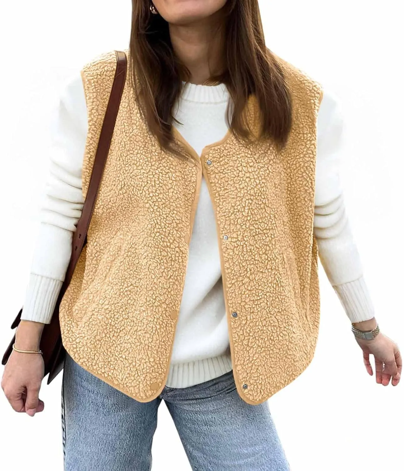 Tankaneo Womens Sherpa Fleece Vest V Neck Sleeveless Fuzzy Jacket Button Down 2024 Fall Fashion Outerwear