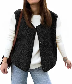 Tankaneo Womens Sherpa Fleece Vest V Neck Sleeveless Fuzzy Jacket Button Down 2024 Fall Fashion Outerwear