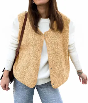 Tankaneo Womens Sherpa Fleece Vest V Neck Sleeveless Fuzzy Jacket Button Down 2024 Fall Fashion Outerwear