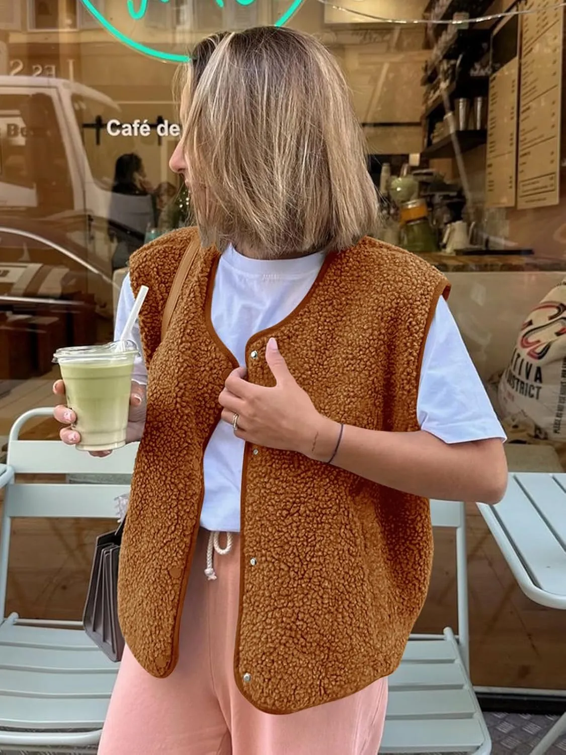 Tankaneo Womens Sherpa Fleece Vest V Neck Sleeveless Fuzzy Jacket Button Down 2024 Fall Fashion Outerwear