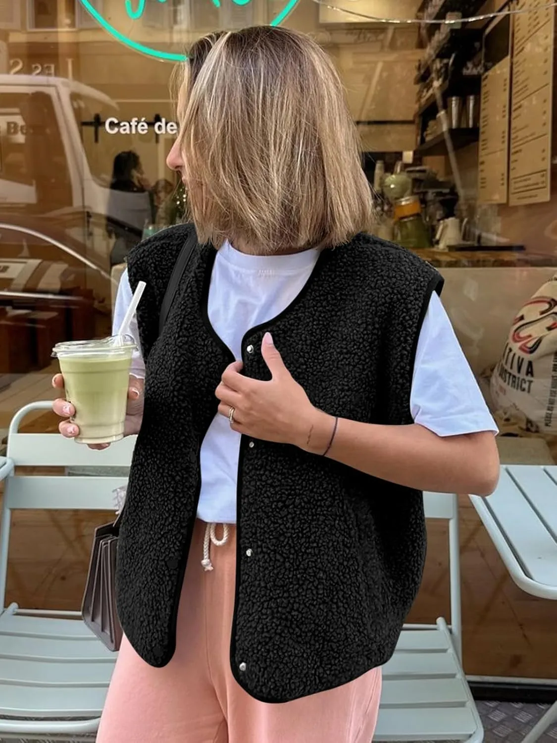 Tankaneo Womens Sherpa Fleece Vest V Neck Sleeveless Fuzzy Jacket Button Down 2024 Fall Fashion Outerwear