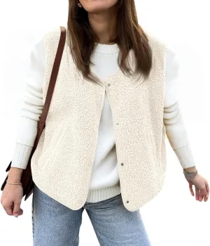 Tankaneo Womens Sherpa Fleece Vest V Neck Sleeveless Fuzzy Jacket Button Down 2024 Fall Fashion Outerwear