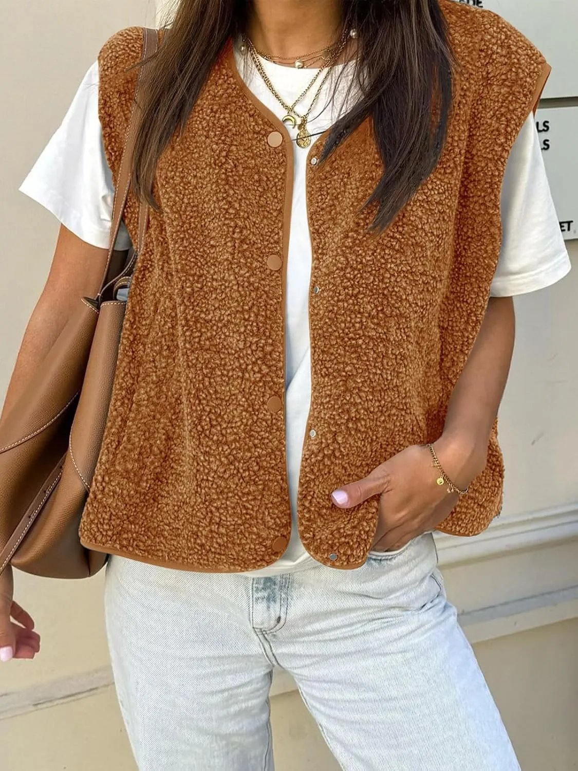 Tankaneo Womens Sherpa Fleece Vest V Neck Sleeveless Fuzzy Jacket Button Down 2024 Fall Fashion Outerwear