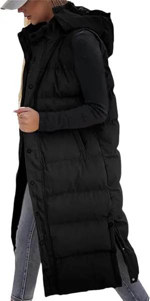 Thatrich Long Puffer Vest Women Lightweight Quilted Jackets Sleeveless Puffy Padded Coats Outwear Vests Outdoor Hooded Gilet