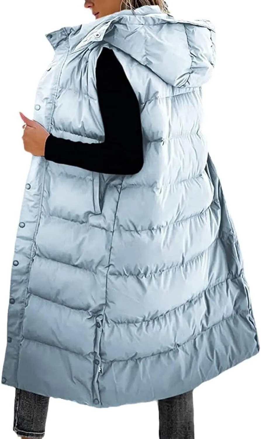 Thatrich Long Puffer Vest Women Lightweight Quilted Jackets Sleeveless Puffy Padded Coats Outwear Vests Outdoor Hooded Gilet