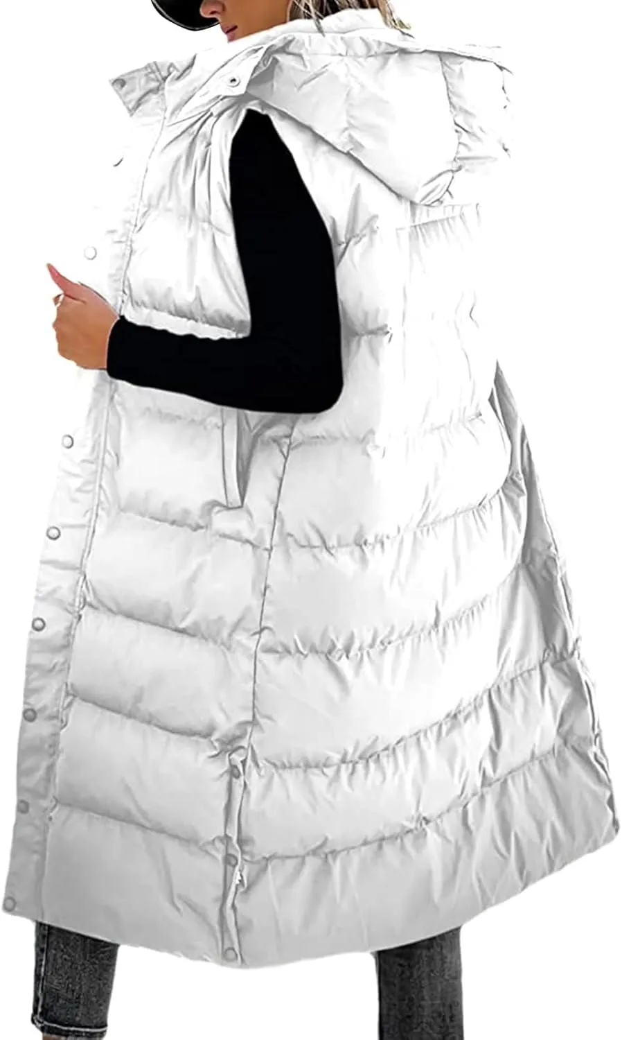 Thatrich Long Puffer Vest Women Lightweight Quilted Jackets Sleeveless Puffy Padded Coats Outwear Vests Outdoor Hooded Gilet