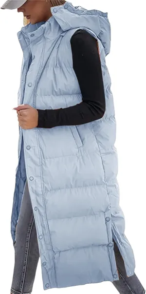 Thatrich Long Puffer Vest Women Lightweight Quilted Jackets Sleeveless Puffy Padded Coats Outwear Vests Outdoor Hooded Gilet