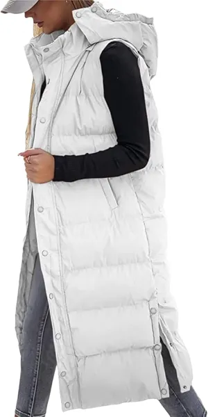 Thatrich Long Puffer Vest Women Lightweight Quilted Jackets Sleeveless Puffy Padded Coats Outwear Vests Outdoor Hooded Gilet