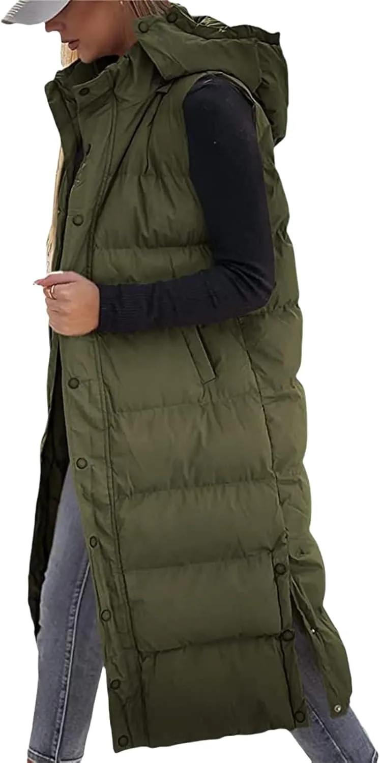 Thatrich Long Puffer Vest Women Lightweight Quilted Jackets Sleeveless Puffy Padded Coats Outwear Vests Outdoor Hooded Gilet