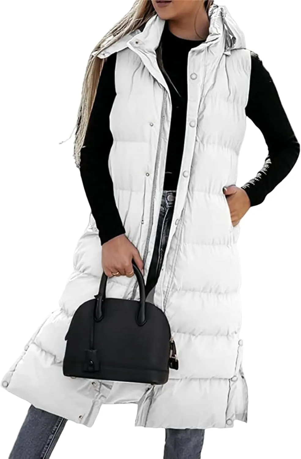 Thatrich Long Puffer Vest Women Lightweight Quilted Jackets Sleeveless Puffy Padded Coats Outwear Vests Outdoor Hooded Gilet
