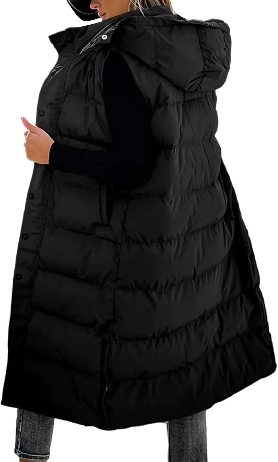 Thatrich Long Puffer Vest Women Lightweight Quilted Jackets Sleeveless Puffy Padded Coats Outwear Vests Outdoor Hooded Gilet