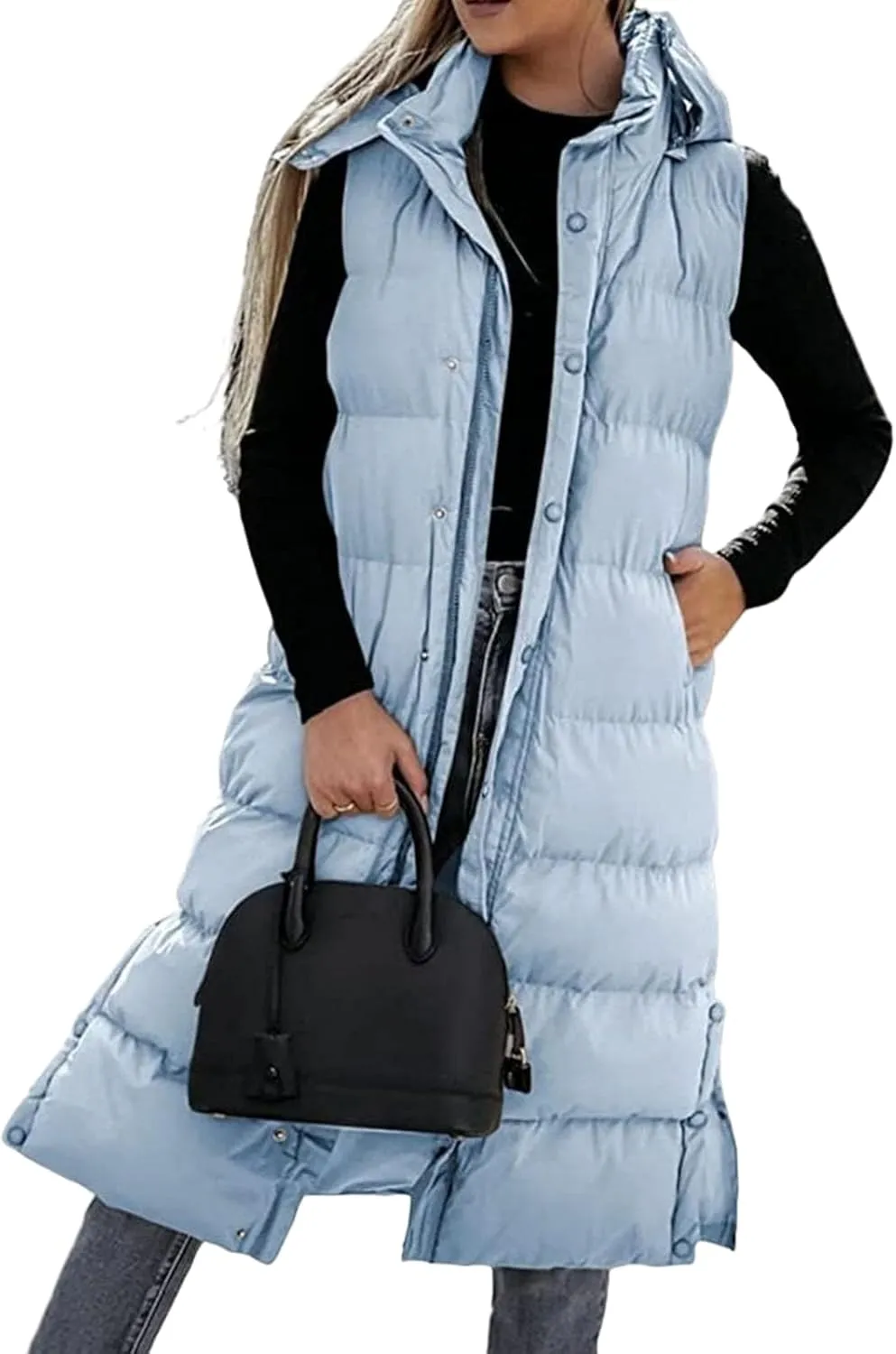 Thatrich Long Puffer Vest Women Lightweight Quilted Jackets Sleeveless Puffy Padded Coats Outwear Vests Outdoor Hooded Gilet