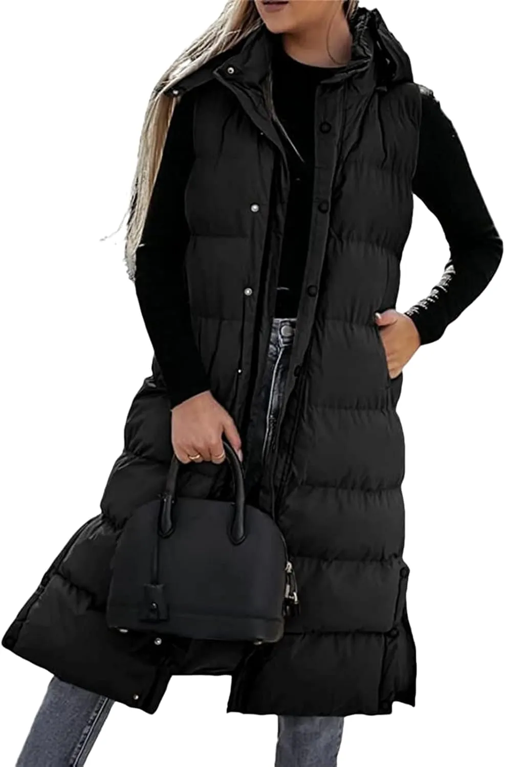 Thatrich Long Puffer Vest Women Lightweight Quilted Jackets Sleeveless Puffy Padded Coats Outwear Vests Outdoor Hooded Gilet