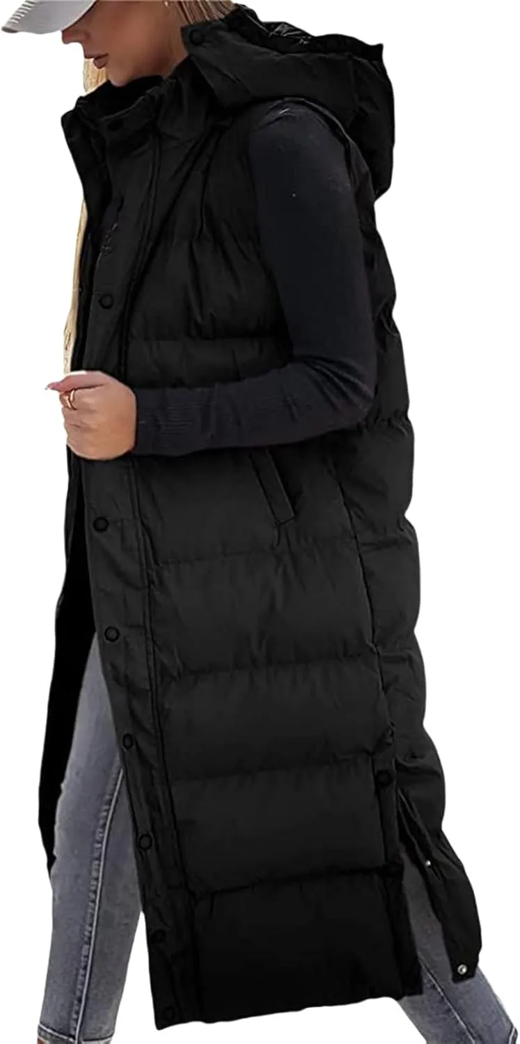 Thatrich Long Puffer Vest Women Lightweight Quilted Jackets Sleeveless Puffy Padded Coats Outwear Vests Outdoor Hooded Gilet