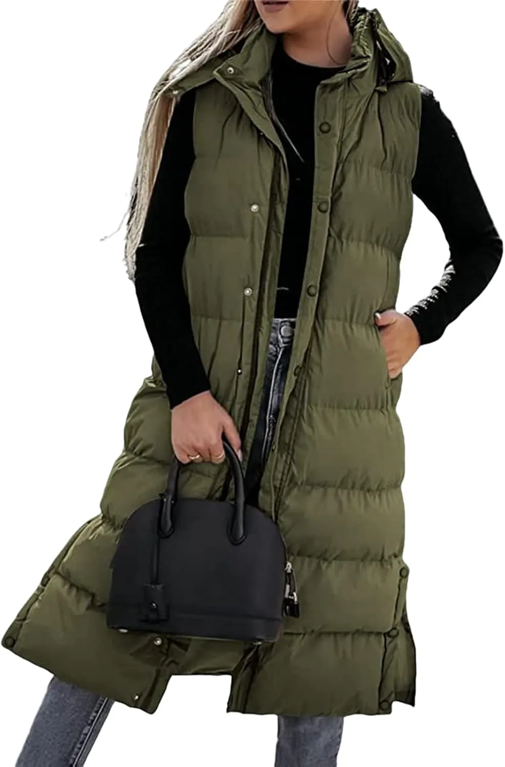 Thatrich Long Puffer Vest Women Lightweight Quilted Jackets Sleeveless Puffy Padded Coats Outwear Vests Outdoor Hooded Gilet