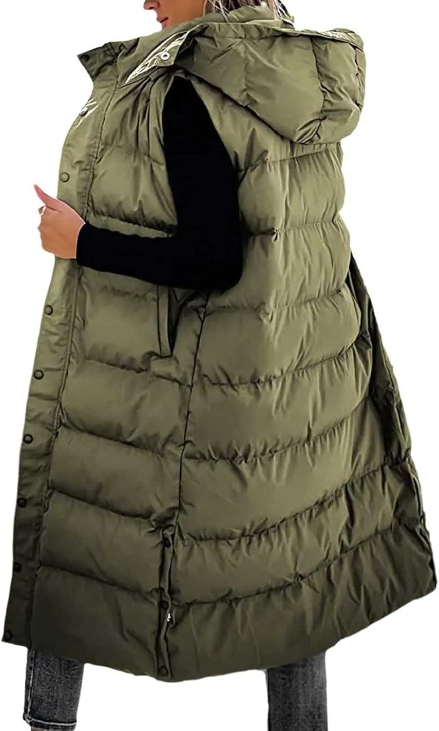 Thatrich Long Puffer Vest Women Lightweight Quilted Jackets Sleeveless Puffy Padded Coats Outwear Vests Outdoor Hooded Gilet