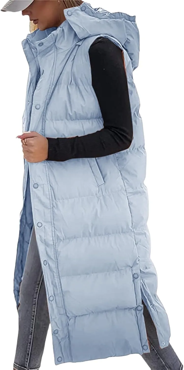 Thatrich Long Puffer Vest Women Lightweight Quilted Jackets Sleeveless Puffy Padded Coats Outwear Vests Outdoor Hooded Gilet