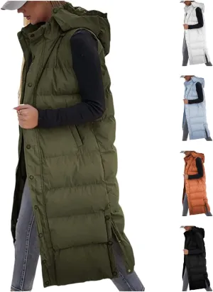 Thatrich Long Puffer Vest Women Lightweight Quilted Jackets Sleeveless Puffy Padded Coats Outwear Vests Outdoor Hooded Gilet