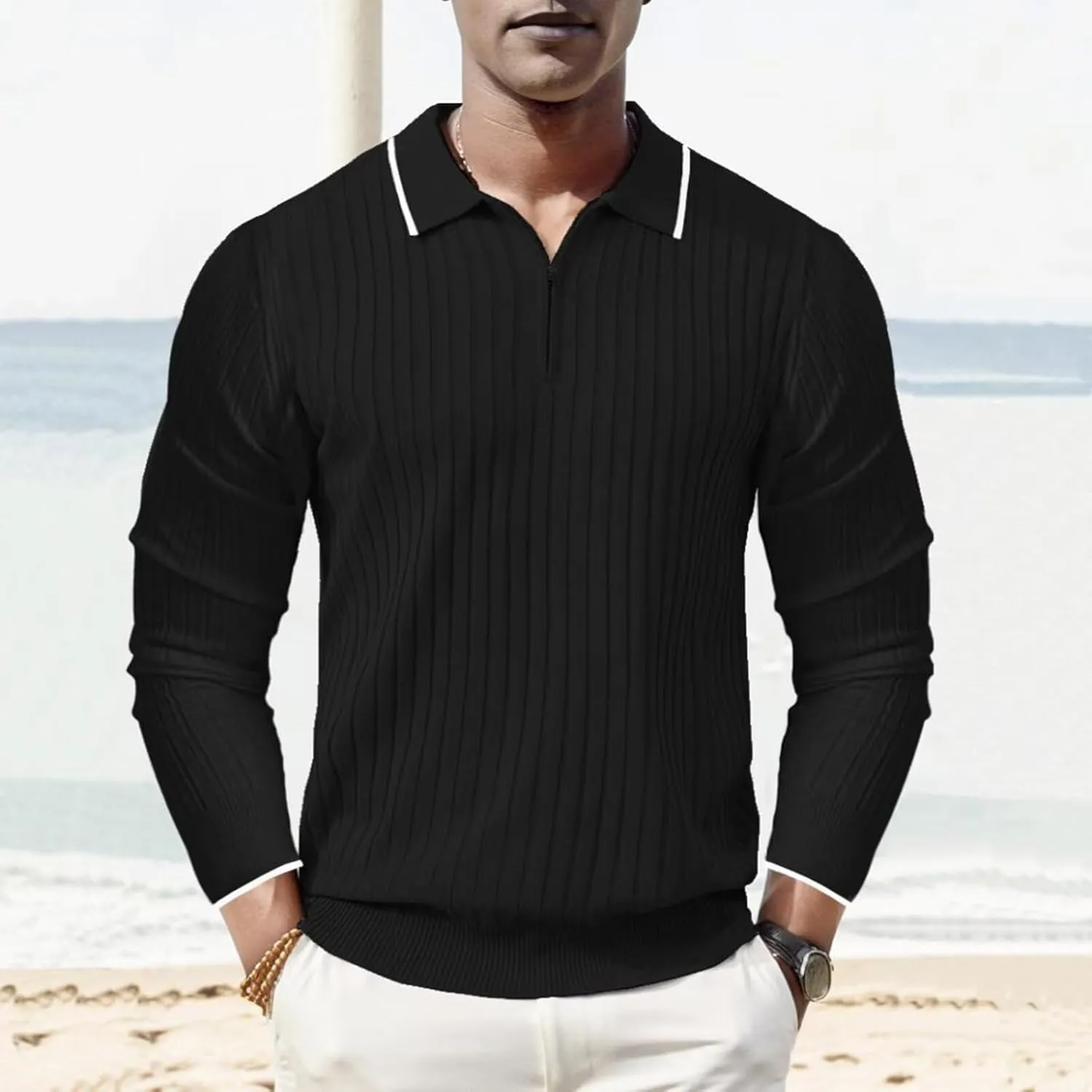 ThusFar Men's Zipper Polo Shirt Casual Knit Long Sleeve Ribbed Polo T Shirt Classic Fit Golf Shirts Activewear Polos