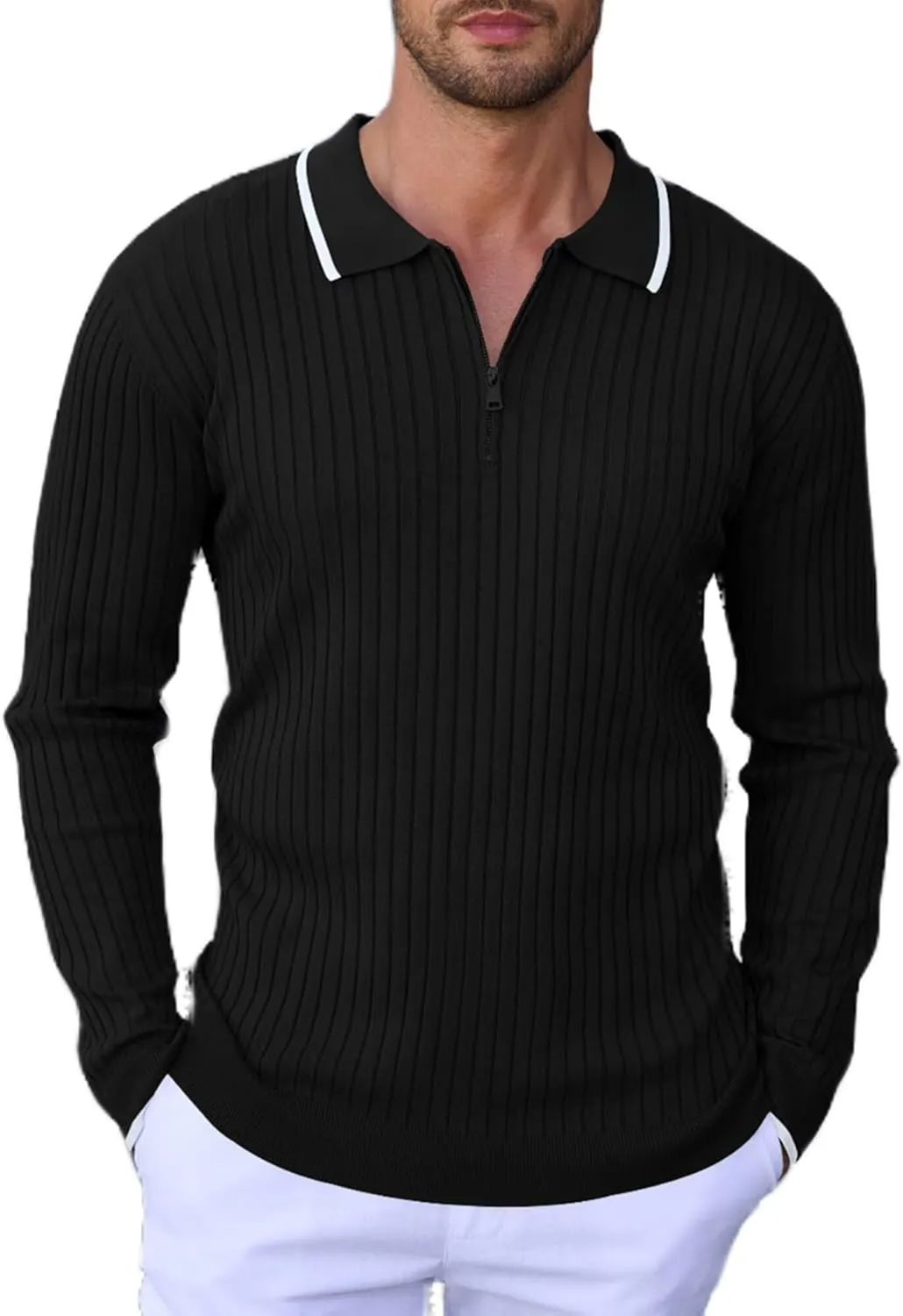 ThusFar Men's Zipper Polo Shirt Casual Knit Long Sleeve Ribbed Polo T Shirt Classic Fit Golf Shirts Activewear Polos
