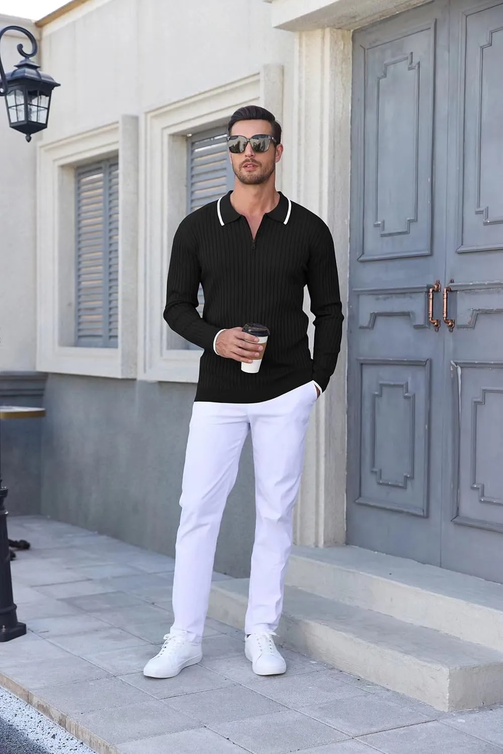 ThusFar Men's Zipper Polo Shirt Casual Knit Long Sleeve Ribbed Polo T Shirt Classic Fit Golf Shirts Activewear Polos