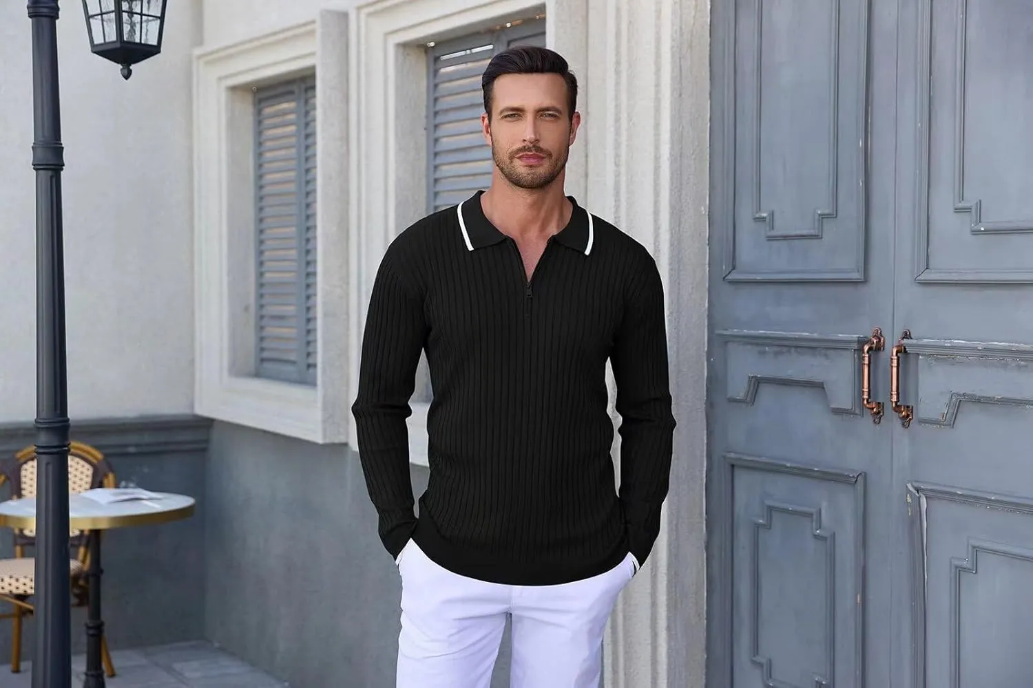 ThusFar Men's Zipper Polo Shirt Casual Knit Long Sleeve Ribbed Polo T Shirt Classic Fit Golf Shirts Activewear Polos