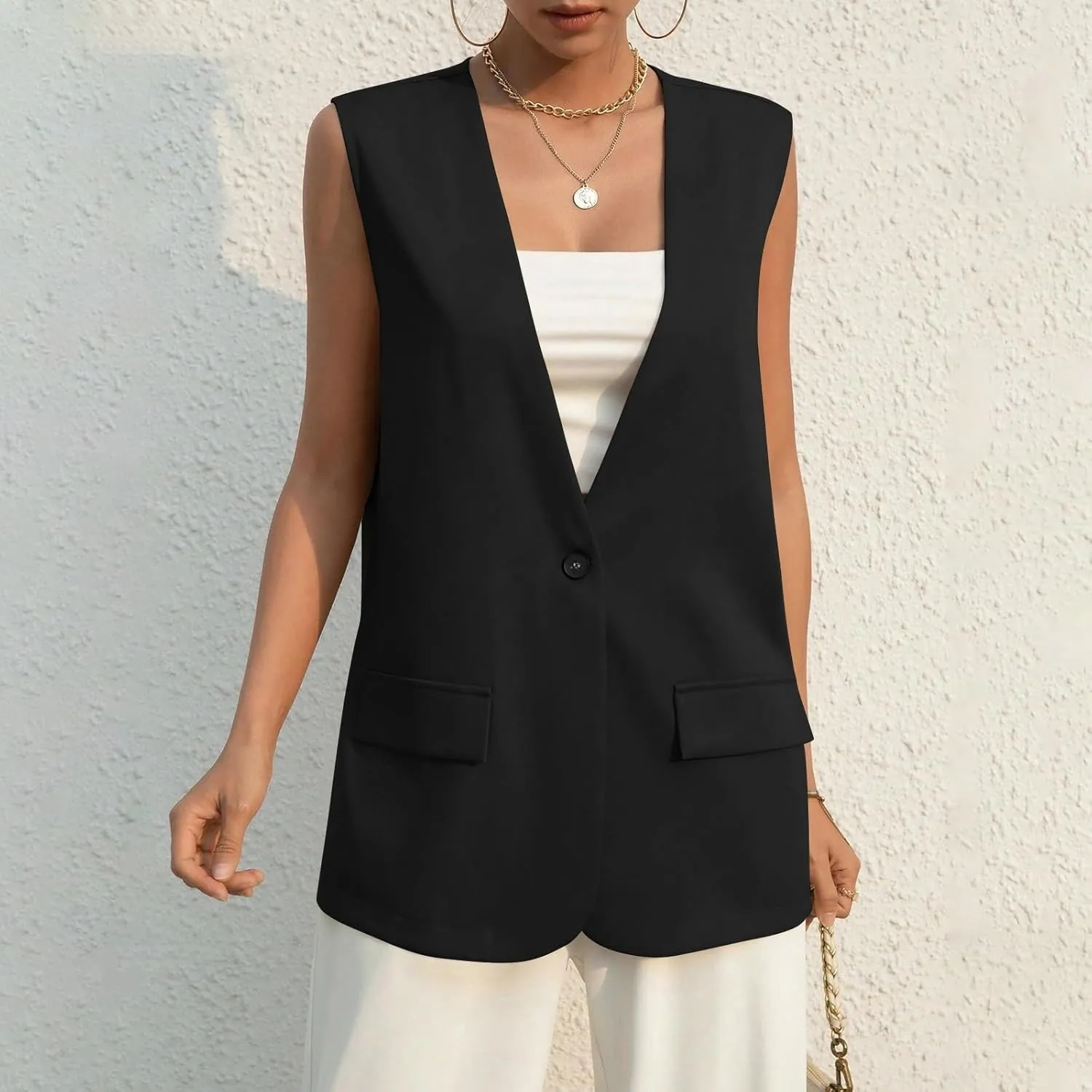 TWGONE Women's Sleeveless Blazer Jackets Summer Lightweight Single Button Waistcoat Open Front Work Office Vest Tops