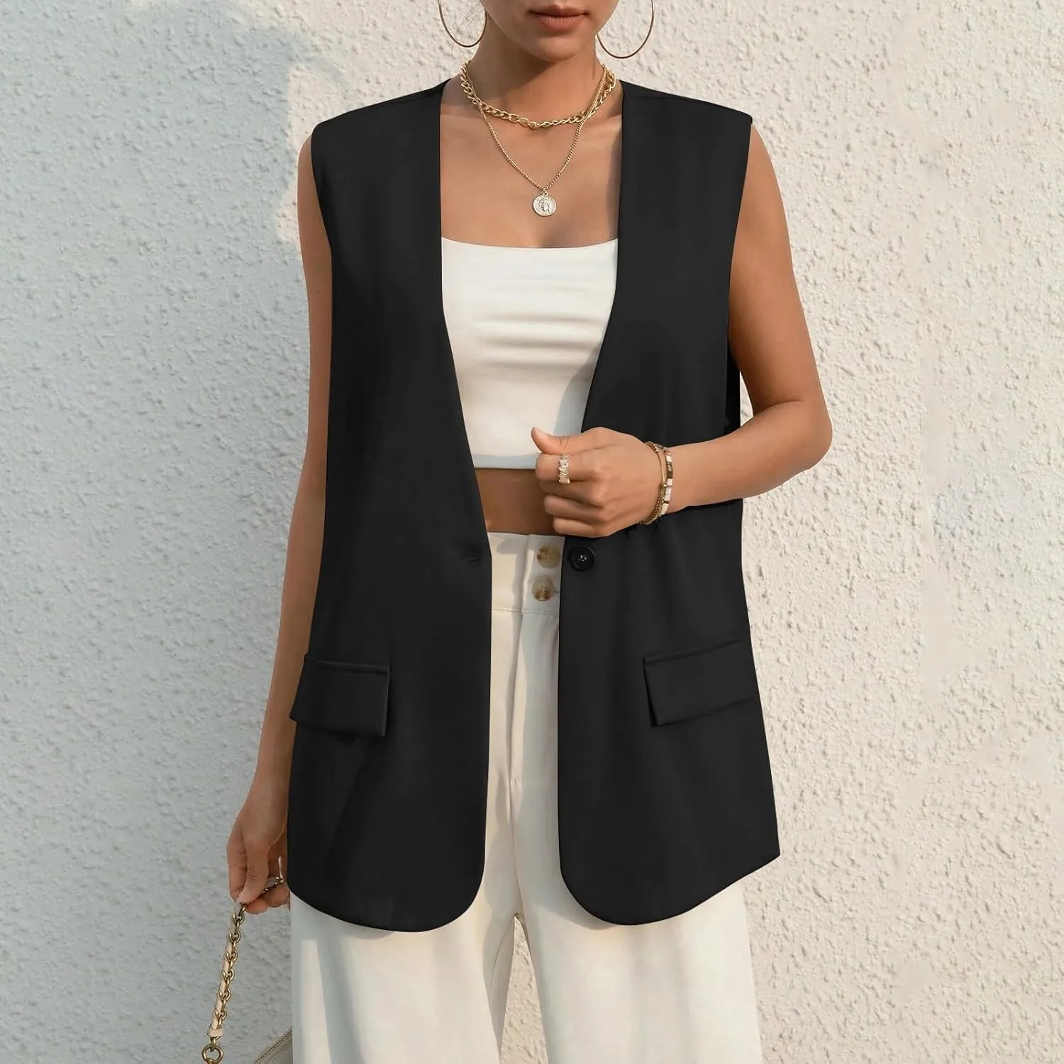 TWGONE Women's Sleeveless Blazer Jackets Summer Lightweight Single Button Waistcoat Open Front Work Office Vest Tops