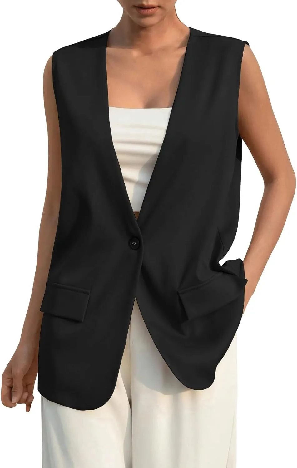 TWGONE Women's Sleeveless Blazer Jackets Summer Lightweight Single Button Waistcoat Open Front Work Office Vest Tops