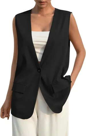 TWGONE Women's Sleeveless Blazer Jackets Summer Lightweight Single Button Waistcoat Open Front Work Office Vest Tops