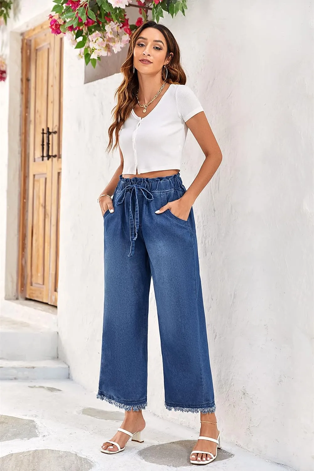 Valphsio Women's Baggy Wide Leg Jeans Tie Waist Chambray Culottes Tassel Pants Crop Length