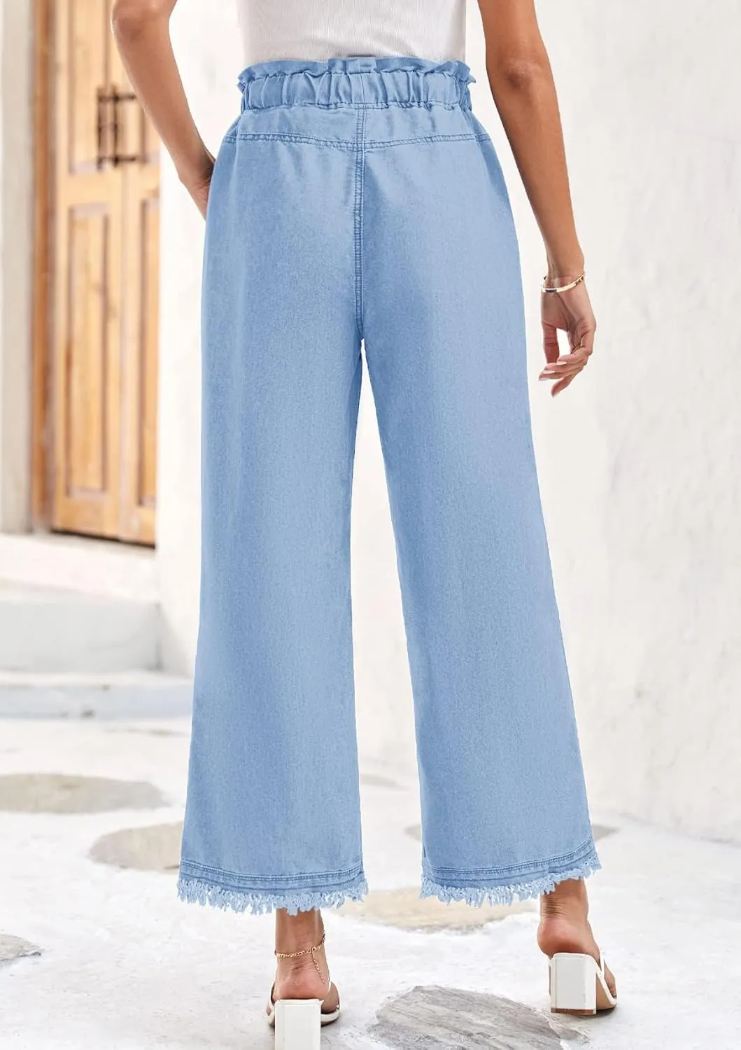 Valphsio Women's Baggy Wide Leg Jeans Tie Waist Chambray Culottes Tassel Pants Crop Length