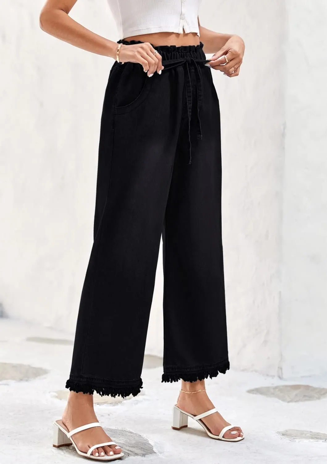 Valphsio Women's Baggy Wide Leg Jeans Tie Waist Chambray Culottes Tassel Pants Crop Length
