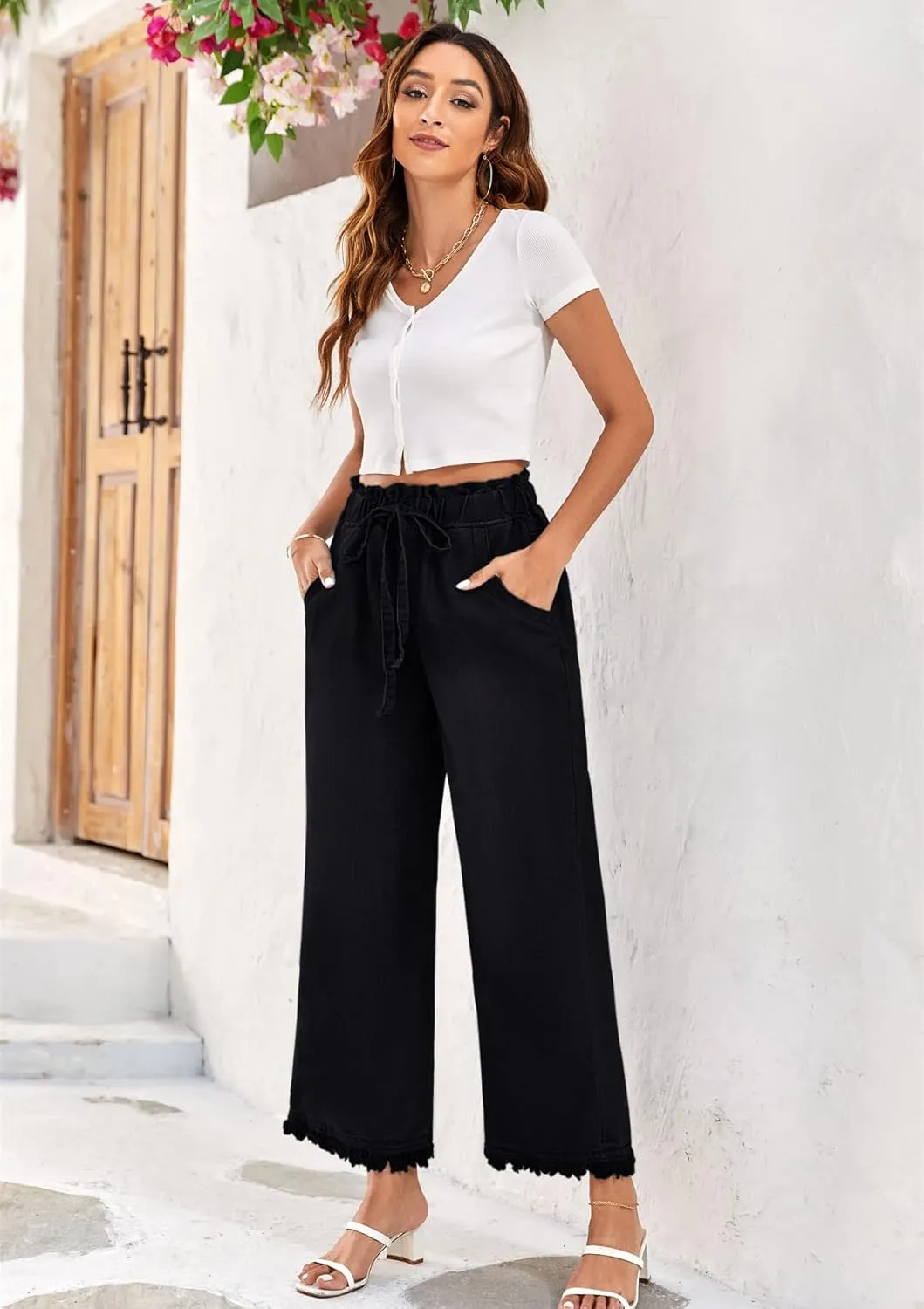 Valphsio Women's Baggy Wide Leg Jeans Tie Waist Chambray Culottes Tassel Pants Crop Length
