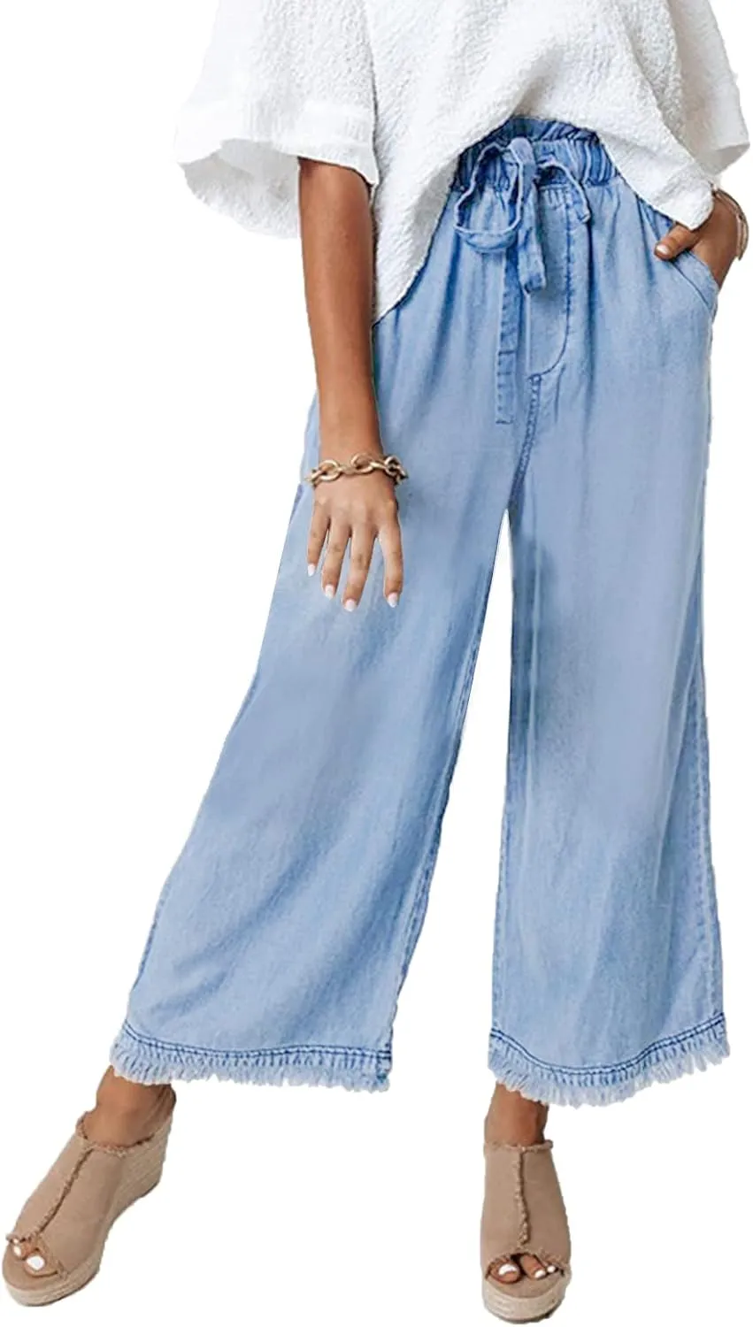 Valphsio Women's Baggy Wide Leg Jeans Tie Waist Chambray Culottes Tassel Pants Crop Length
