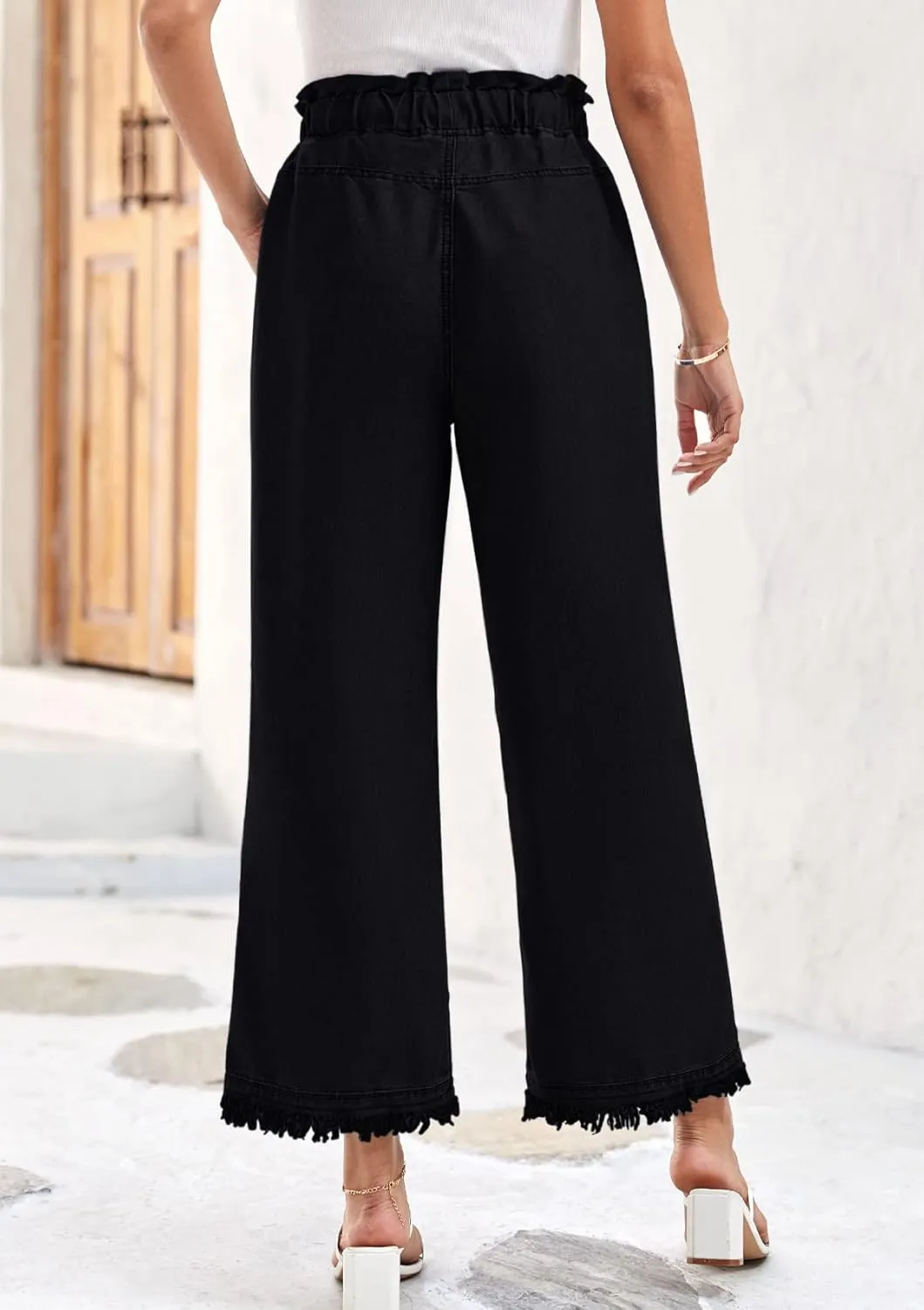Valphsio Women's Baggy Wide Leg Jeans Tie Waist Chambray Culottes Tassel Pants Crop Length