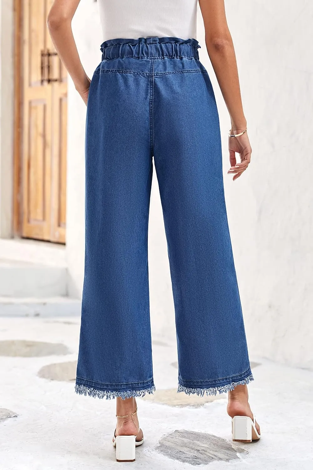 Valphsio Women's Baggy Wide Leg Jeans Tie Waist Chambray Culottes Tassel Pants Crop Length