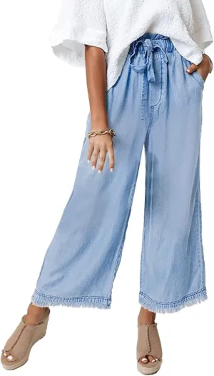 Valphsio Women's Baggy Wide Leg Jeans Tie Waist Chambray Culottes Tassel Pants Crop Length
