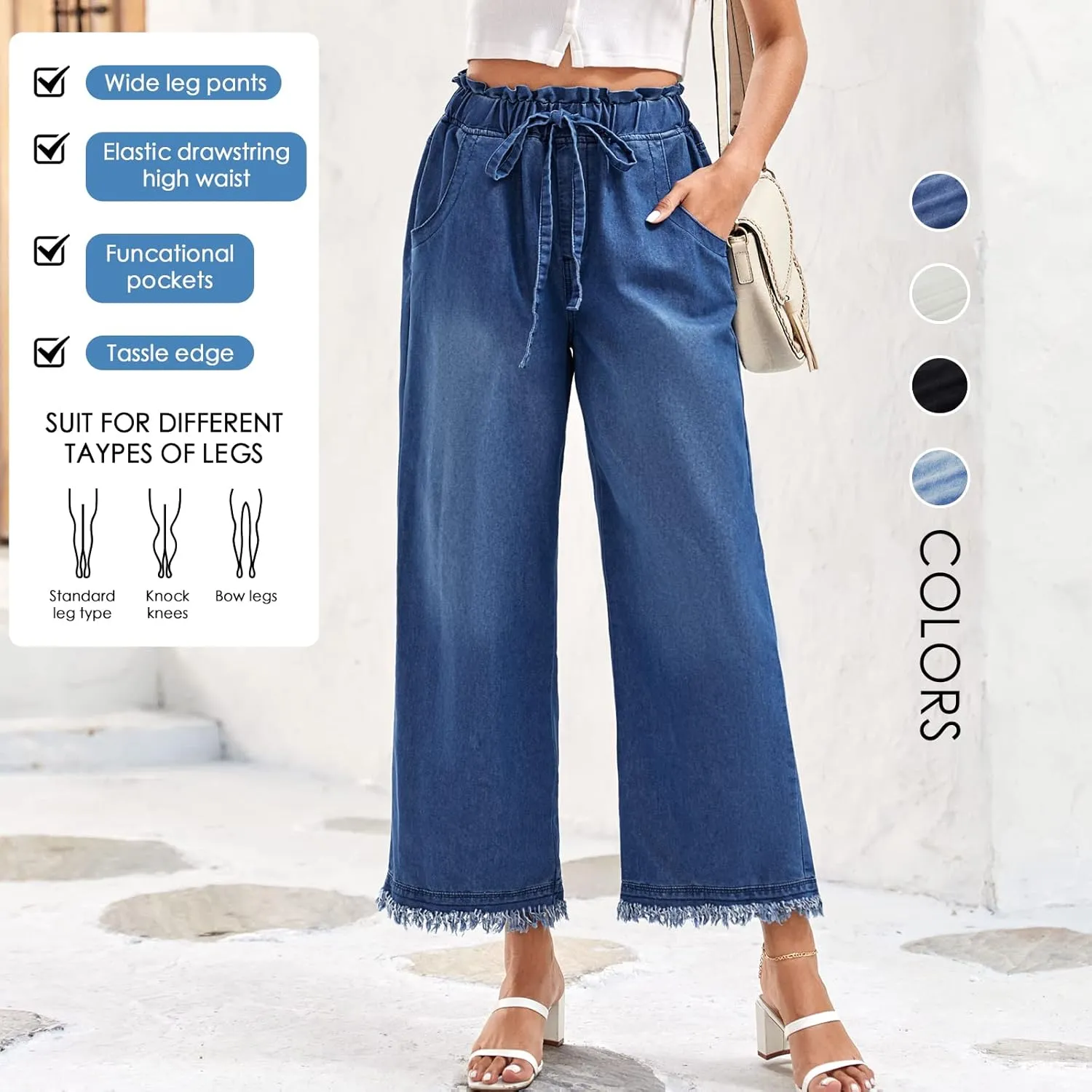 Valphsio Women's Baggy Wide Leg Jeans Tie Waist Chambray Culottes Tassel Pants Crop Length