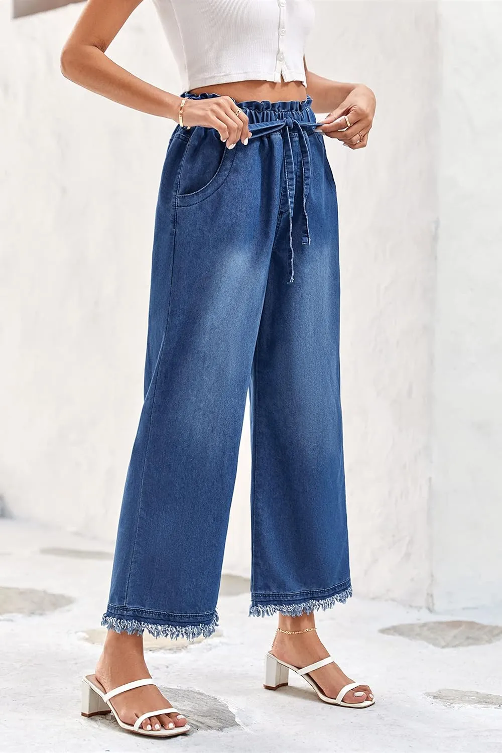Valphsio Women's Baggy Wide Leg Jeans Tie Waist Chambray Culottes Tassel Pants Crop Length