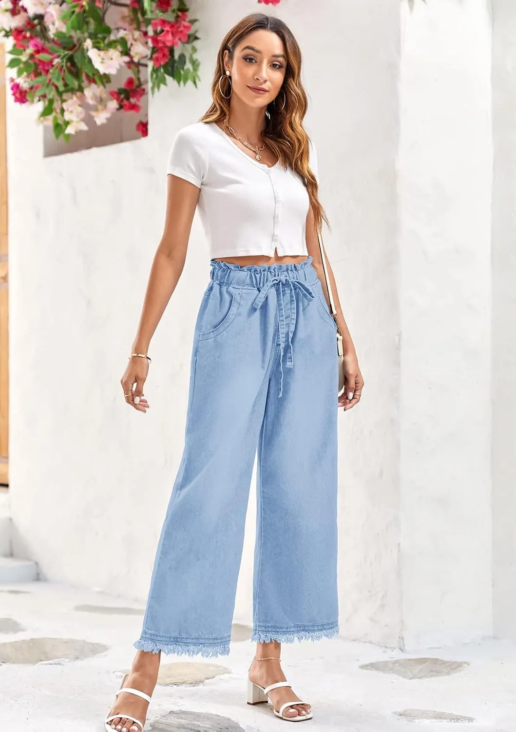 Valphsio Women's Baggy Wide Leg Jeans Tie Waist Chambray Culottes Tassel Pants Crop Length