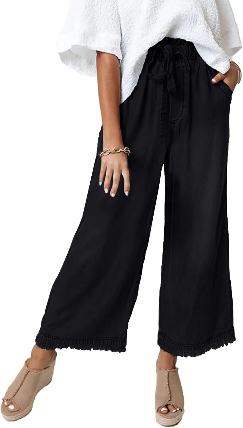 Valphsio Women's Baggy Wide Leg Jeans Tie Waist Chambray Culottes Tassel Pants Crop Length