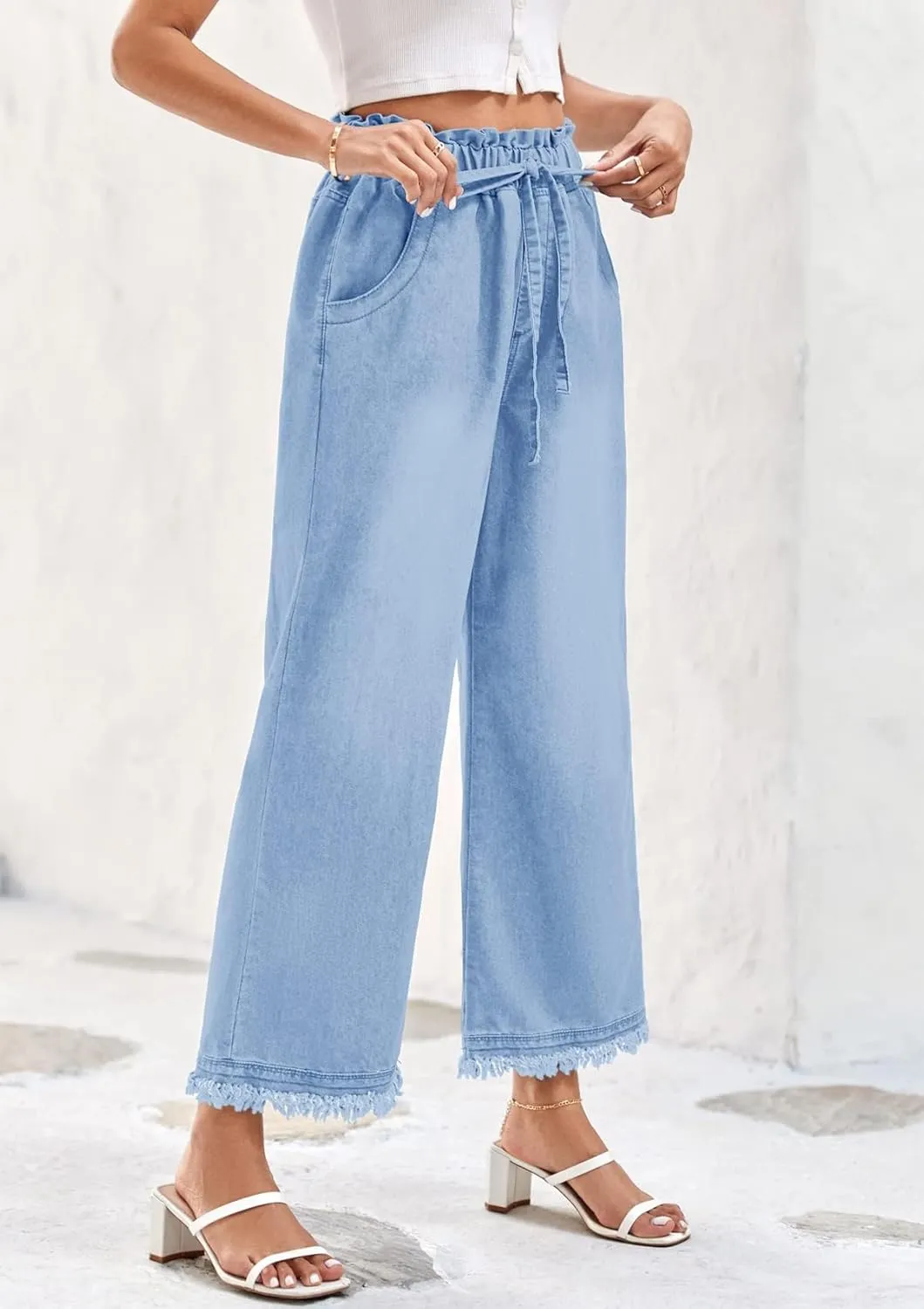 Valphsio Women's Baggy Wide Leg Jeans Tie Waist Chambray Culottes Tassel Pants Crop Length